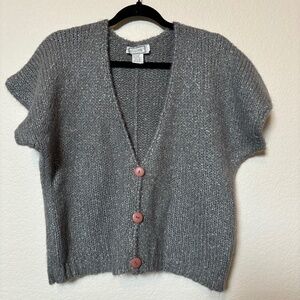Vintage D.D Sloane Womens Gray V Neck Button Front Short Sleeve Knit Sweater